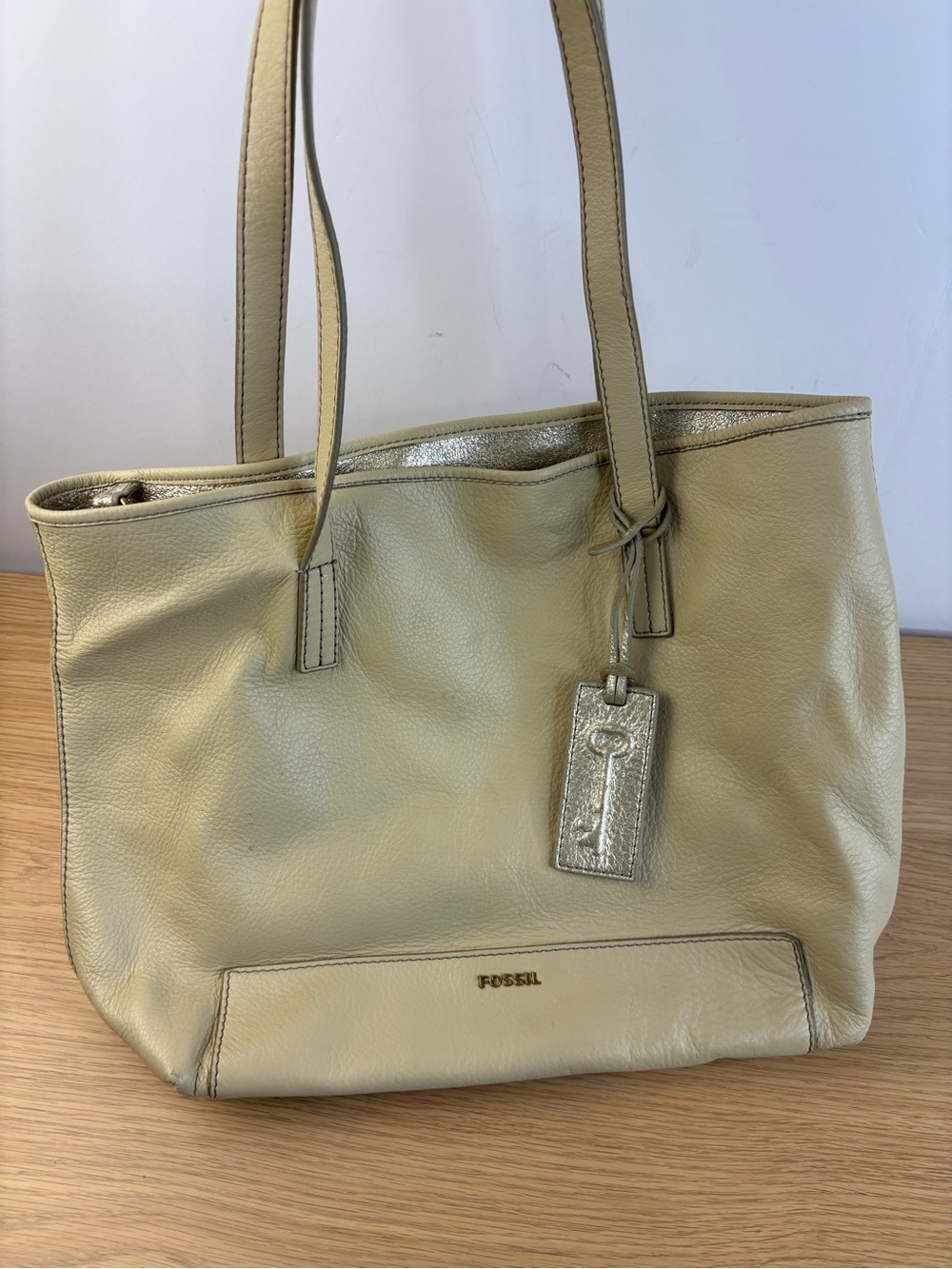 Fossil Sydney Shopper Cream/Coconut Soft Leather Tote Bag‎ Metallic Accents